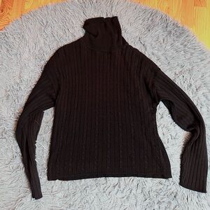 Halston Black Cable Knit Cotton Turtleneck Sweater Size L